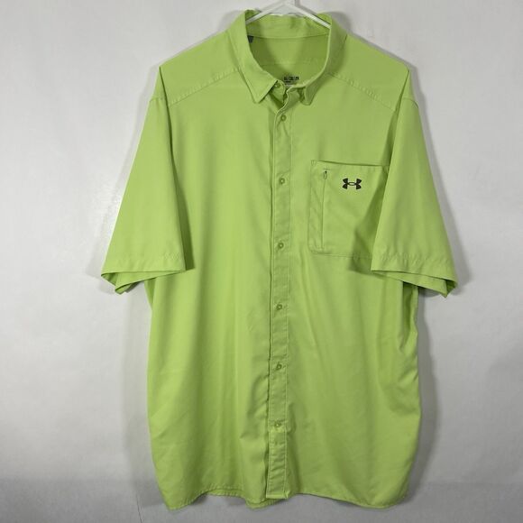 Under Armour Fitted Short Sleeve Button Down Fishing Shirt Mens XLT Green Vented - Picture 1 of 12